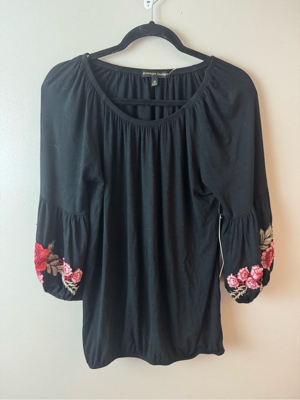 Always Indigo Black Peasant Top with Rose Embroidery Medium NWT